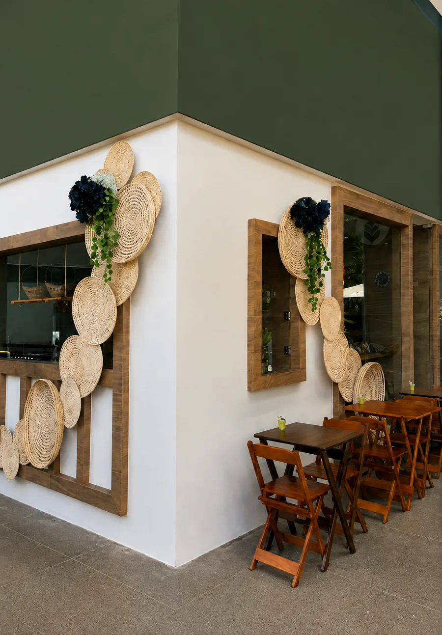 Fachada da Gratium com detalhes em madeira, fibras naturais, plantas e mesas externas.